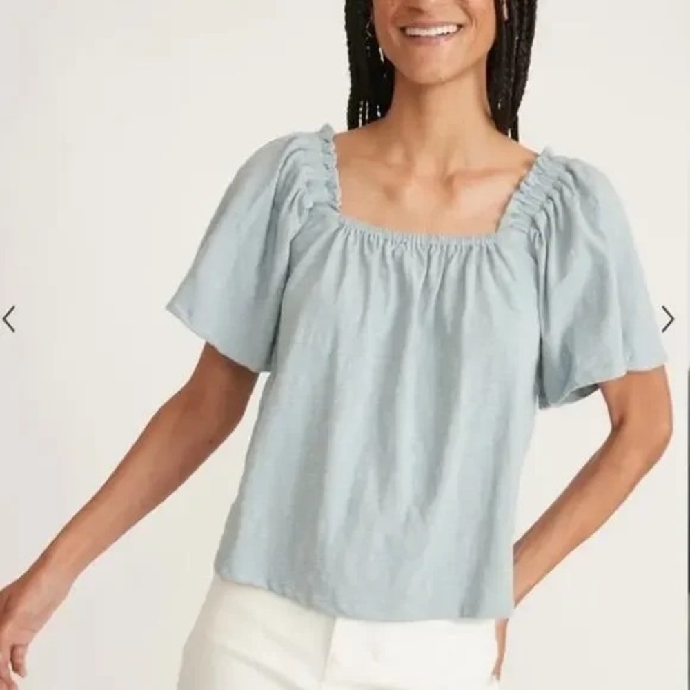 Marine Layer Constance Cotton Slub Square Neck Flutter Sleeve Top Blue Green XL